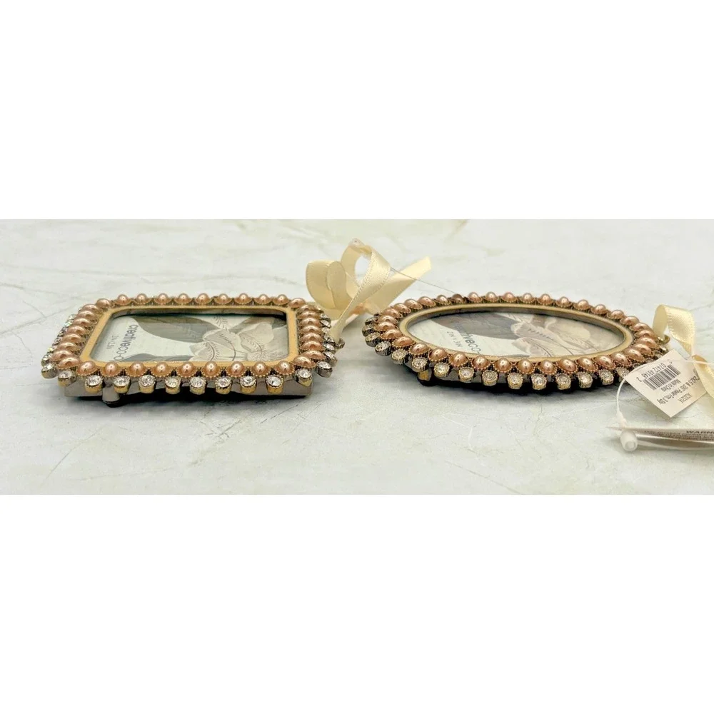 Creative Co-Op Set of 2 Miniature Pewter Frames 2x2-2x3 Faux‎ Beaded Crystal NWT